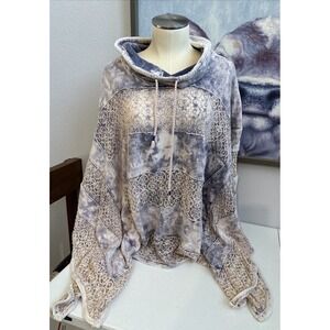 Free People Women's Medium Purple Tie Dye Cream Lace Cowl Neck Poncho Sweatshirt